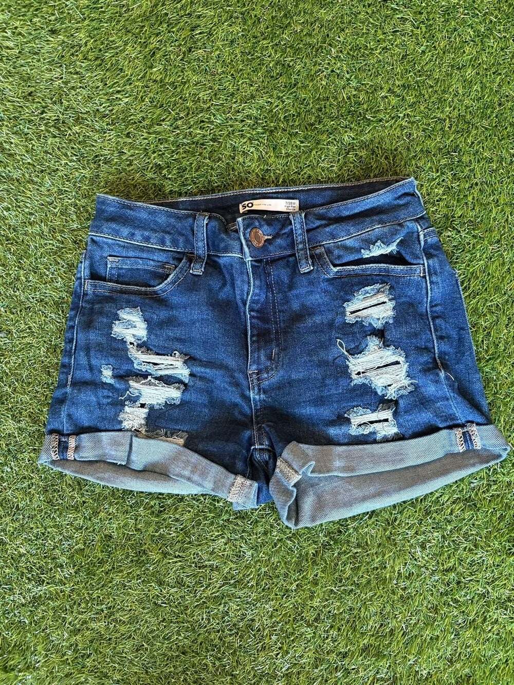 SO Goods For Life High Rise Shortie Distressed Cuffed Denim Shorts Size 7/28W